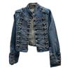 Høst Mote Topper Klassisk Metall Ribbespenne Koreansk Stil High-end Design Skulderstropper Vasket Denim Kort Jakke