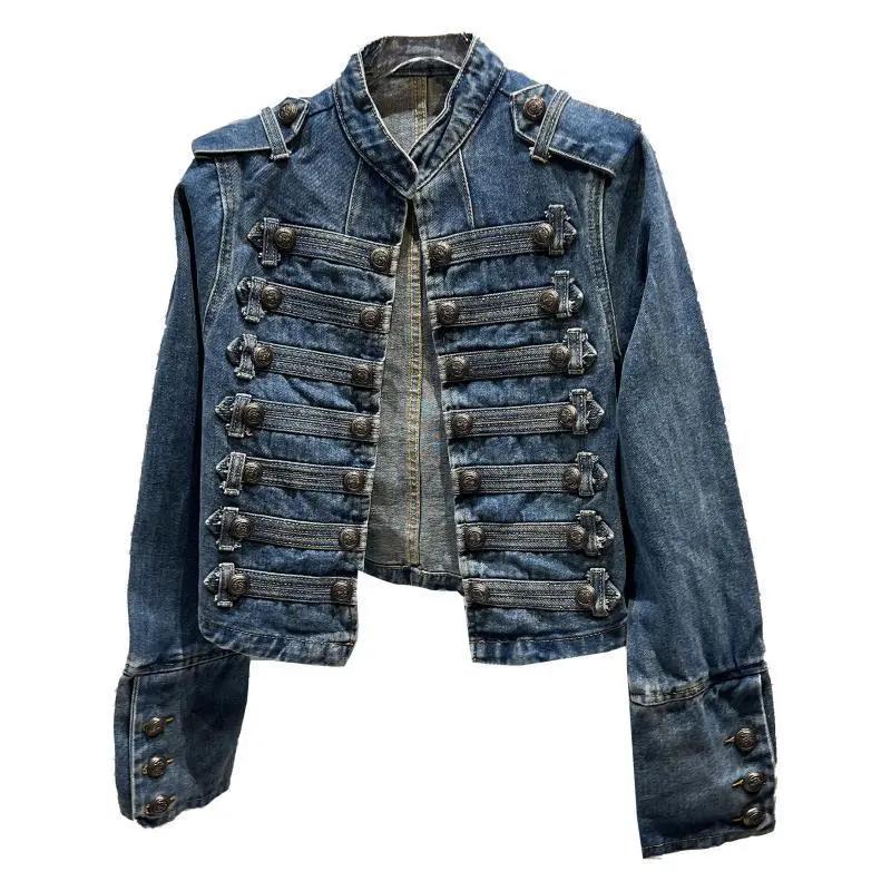 Women Spring Autumn Fashion Tops Classical Metal Rib Buckle Korean Style High-end Design Shoulder Straps Washed Denim Short Jacket