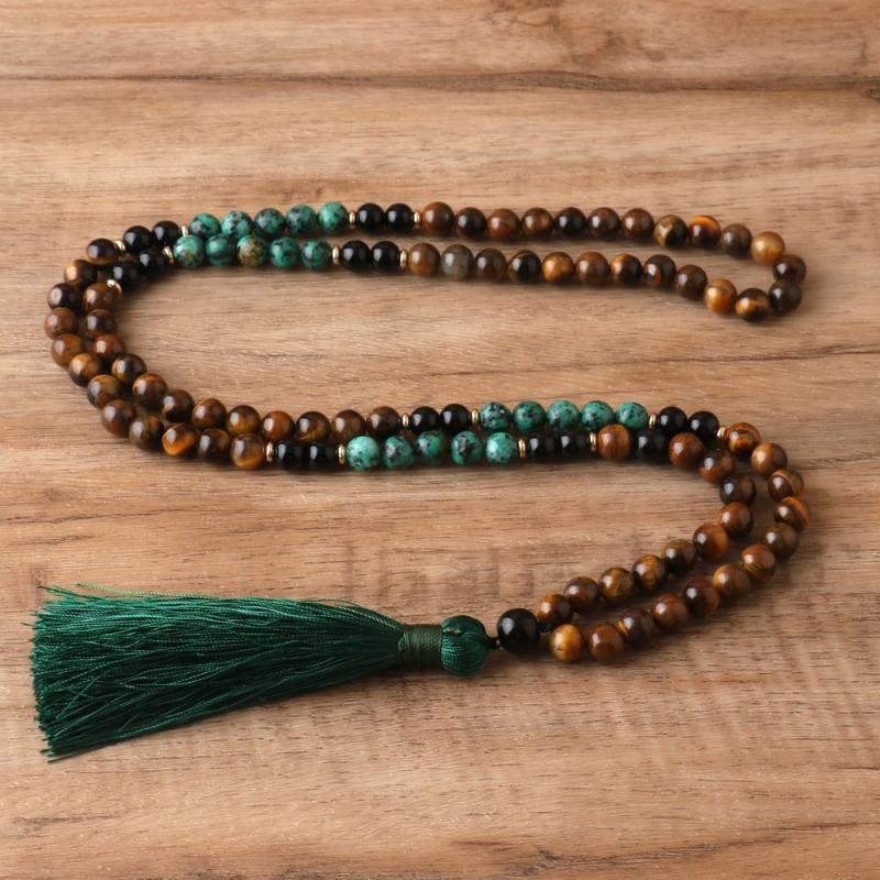 Tiger's Eye African Turquoise Mala Necklace – Beads Tassel Healing Jewelry, Boho Grounding Gift for Men Women