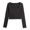 Women's Autumn and Winter Cotton Square Neck Positive Shoulder Bottom Long Sleeve Top