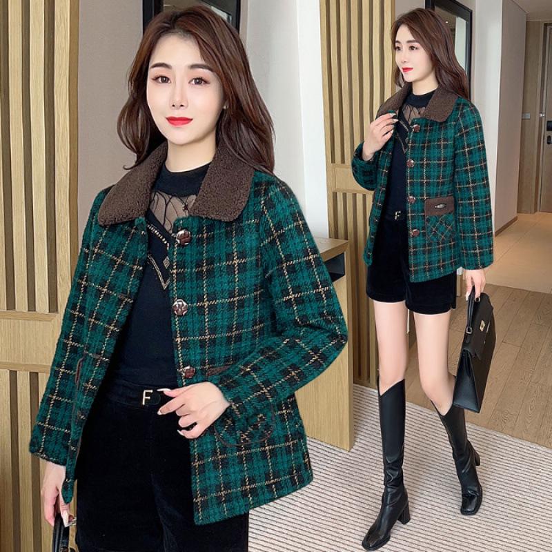 Plaid Square Neck Autumn/Winter Coat for Women