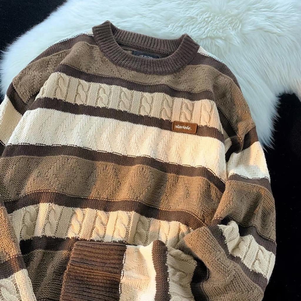 Retro Gestreifter Fauler Stil Rundhals Farbkontrast Verdrehter Strickpullover Herren Trendig Locker Paare Vielseitig Freizeit Strickpullover