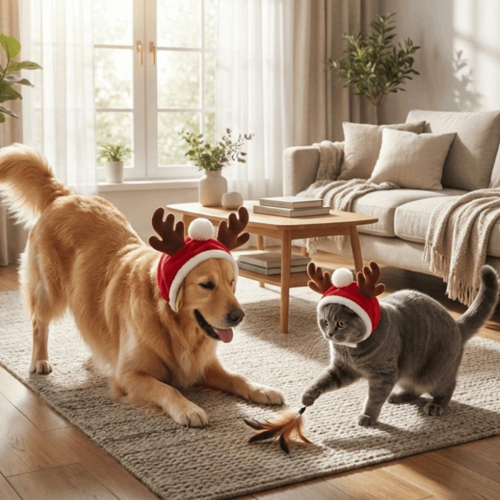 Adjustable Dog Reindeer Hat Christmas Theme Pet Head Cover Winter Outdoor Wear
