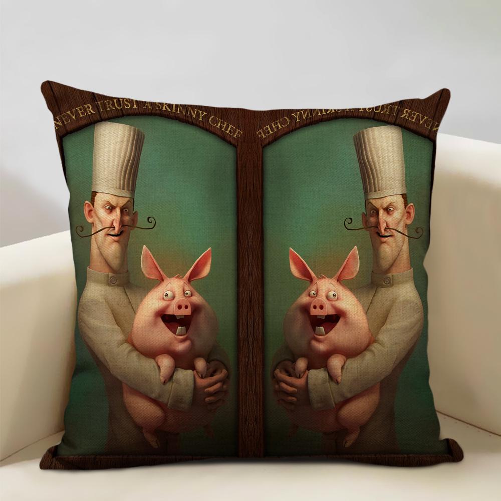Animal Oil Painting Cushion Cover Home Sofa Decoration Pillow Case Cute Pig Pattern Pillowcase 45x45cm Linen Living Room Decor