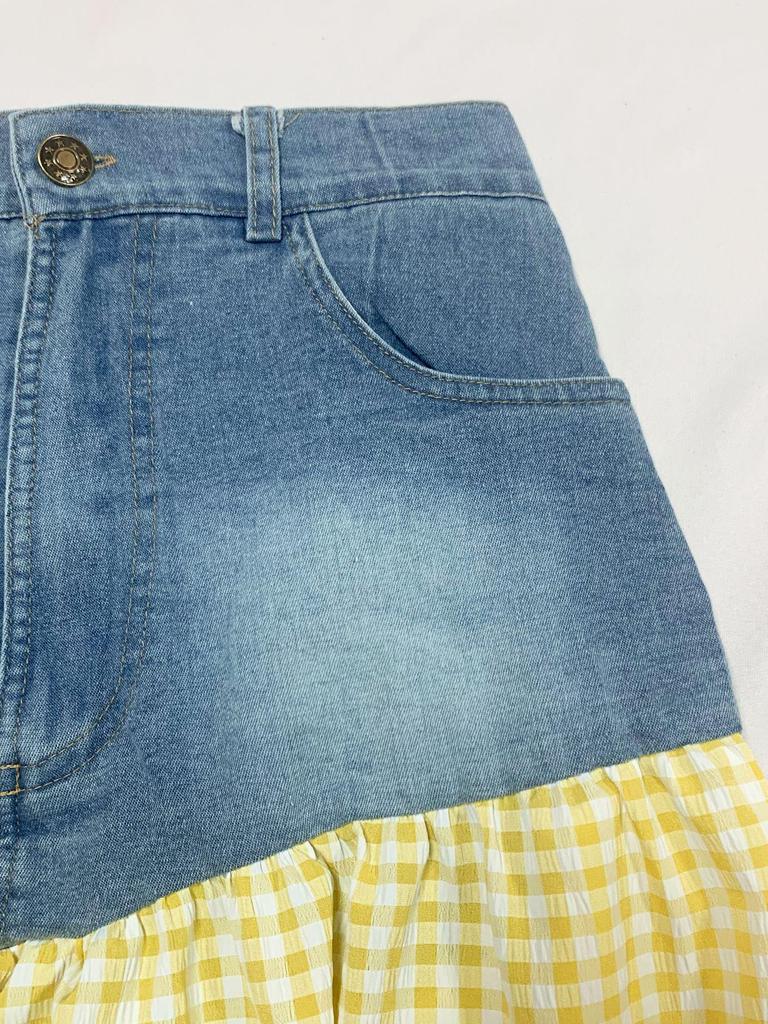 European & American Women's Sexy Fashion T-shirt and Denim Patchwork High-Waist Split Plaid Skirt Set