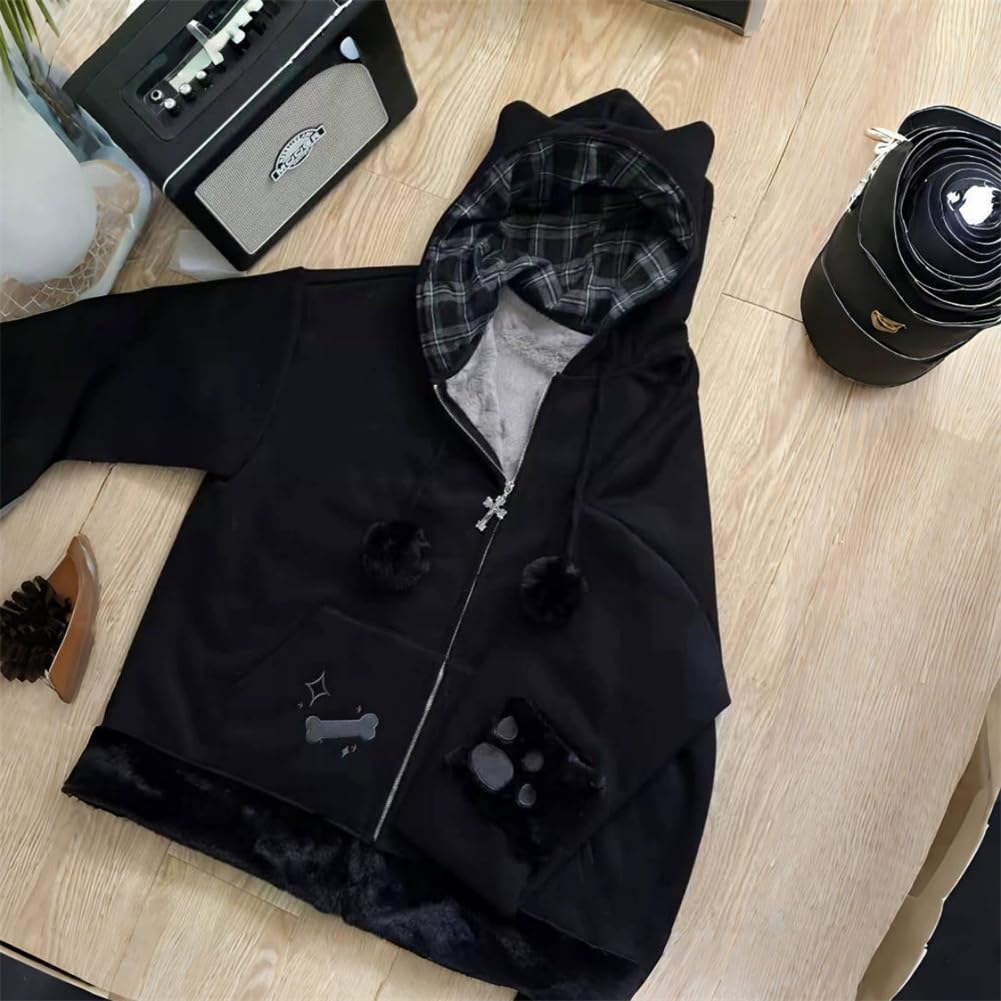 [SDSXZWG] Women's Cat Ear Hoodie, Cute, Subculture Style, Mass-Produced Type, Long Sleeved, Fleece Lined, Thick, Warm, Pockets, Hooded, Y2K Checkered