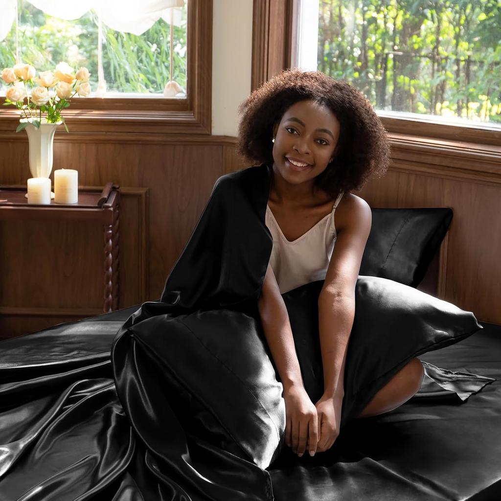 Queen Size Satin Sheets Set - 4 Piece Silky Microfiber, Includes Fitted Sheet, Flat Sheet and Pillowcases