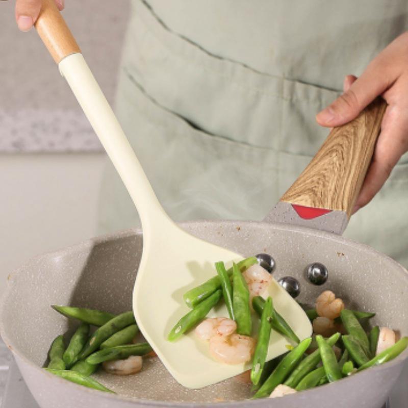 High-Temp Resistant Silicone Spatula Set: Non-Stick Pan Safe, Wooden Handle, Slotted Skimmer, Stand-Up Rice Spoon.