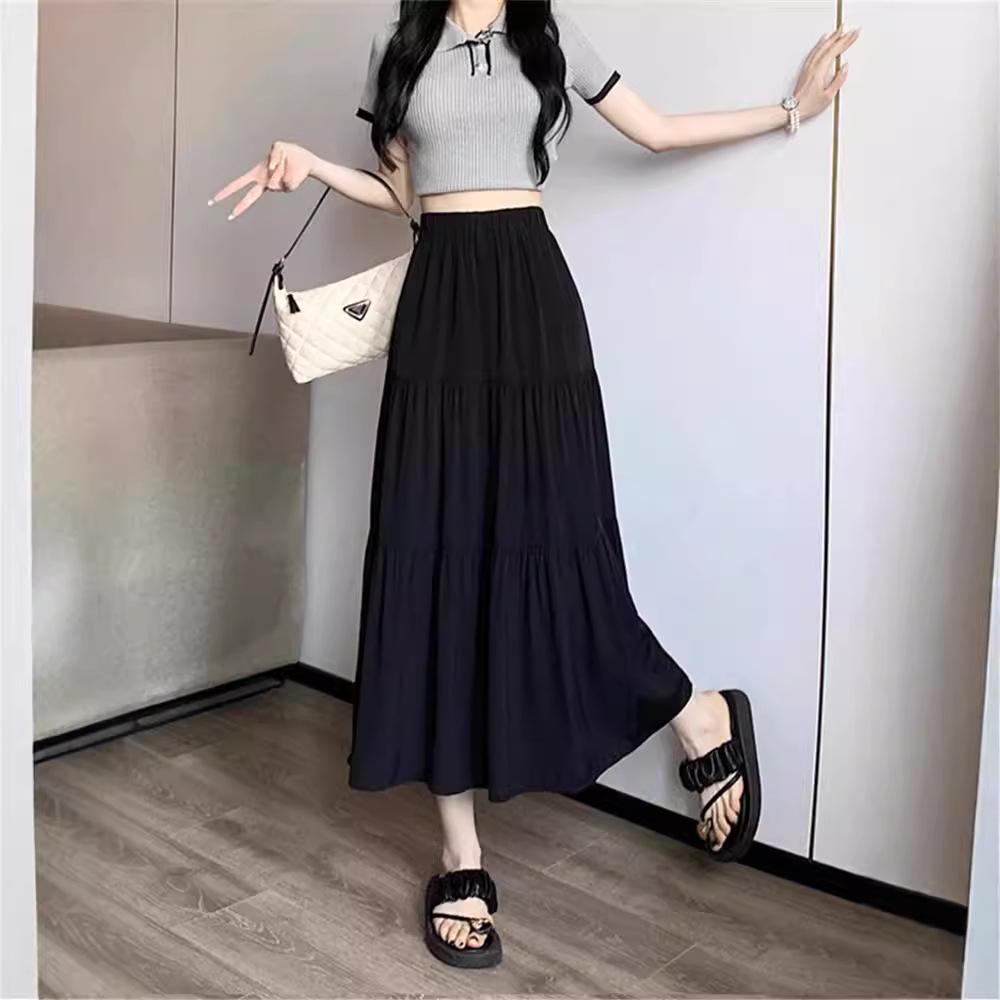 Fustă plisată cu talie înaltă, stil retro american pentru femei - albă, de vară, care acoperă șoldurile, croială slim, lungime lungă