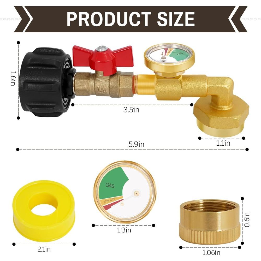 Propane filling adapter for 1-pound propane tanks, QCC1 propane adapter, 20-pound to 1-pound converter with pressure gauge valve.