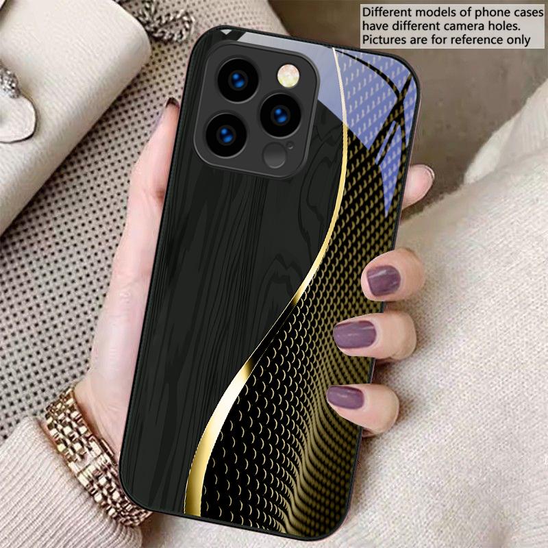 Wood Grain Mesh Black For iPhone 16 E 15 14 13 Plus 12 Mini 11 Pro Max XR Xs X 7 8 P Lus 6 6S 22 16E Tempered Glass Phone Case