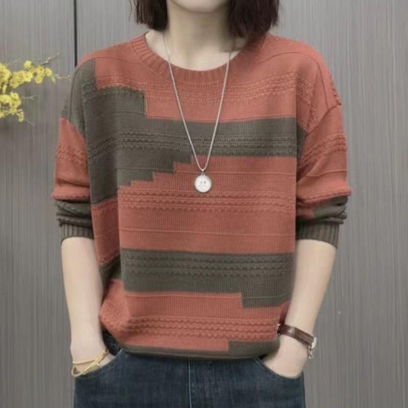 Autumn Winter Round Neck Patchwork Bottomed Sweater Women Loose Casual Vintage Knitting Pullover Top