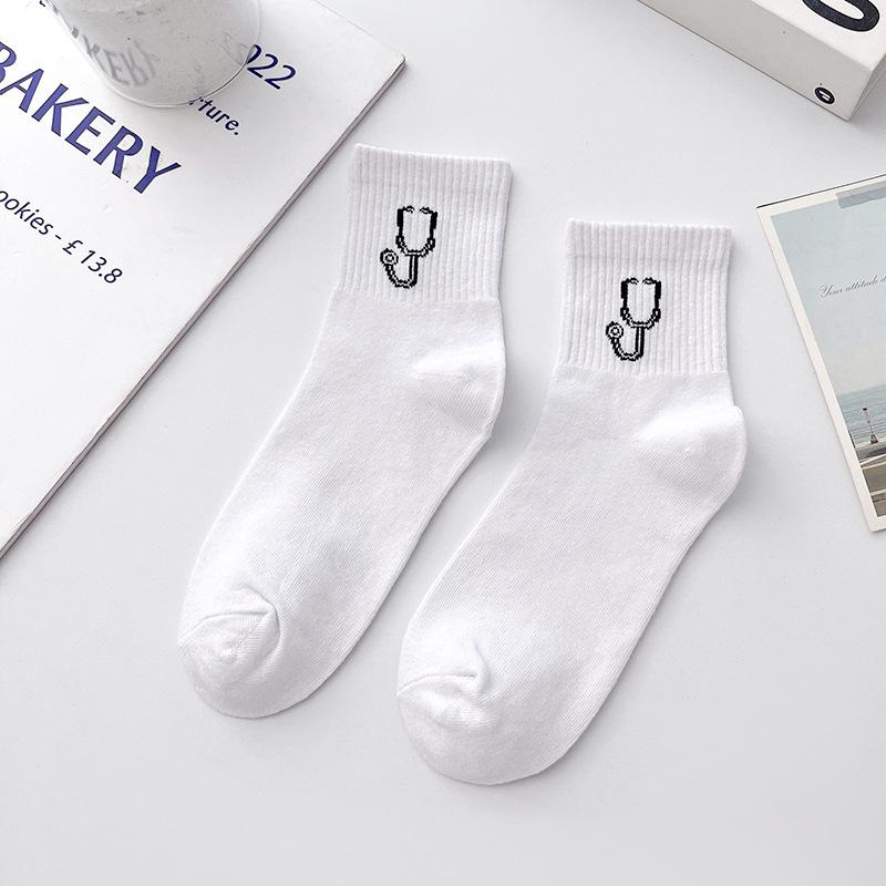 Women's Autumn White Medical Pattern Cotton Mid-Calf Socks - Simple, Versatile, High-Value.