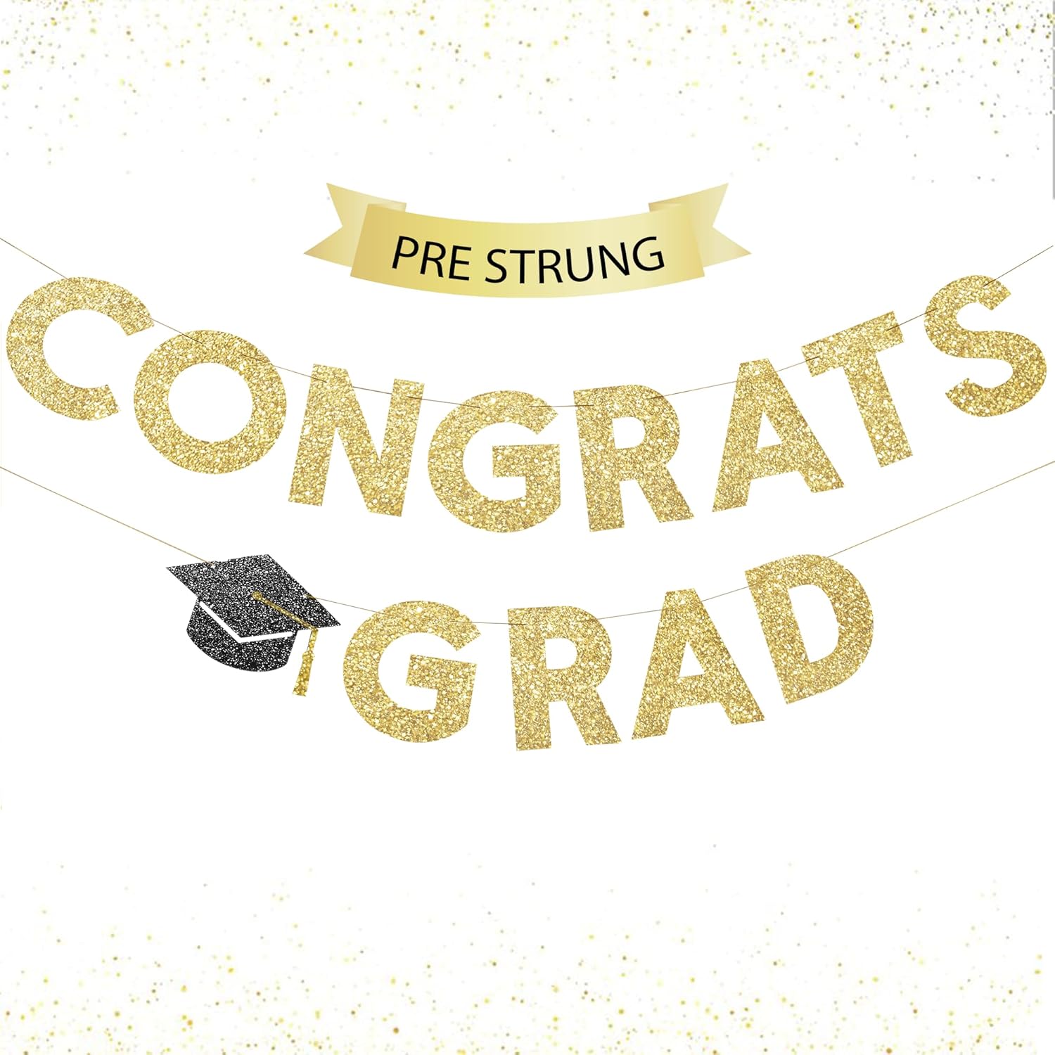 Congrats Grad Banner Gold Glitter Pre-Strung Congrats Grad Sign - 8ft -No DIY - Graduation Party Decorations for Class of 2025 Graduation Decorations