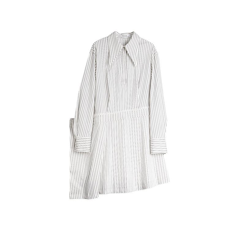 ELLE Striped Pointed Collar Loose Long Sleeve Dress Women dress White L8CLM119
