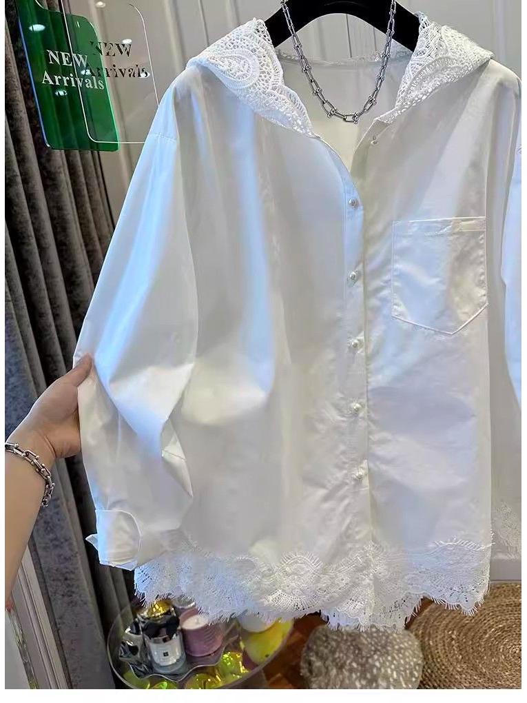 European Fashion Lace Hem Hooded Long Sleeve Women's Loose Shirt for Spring and Autumn