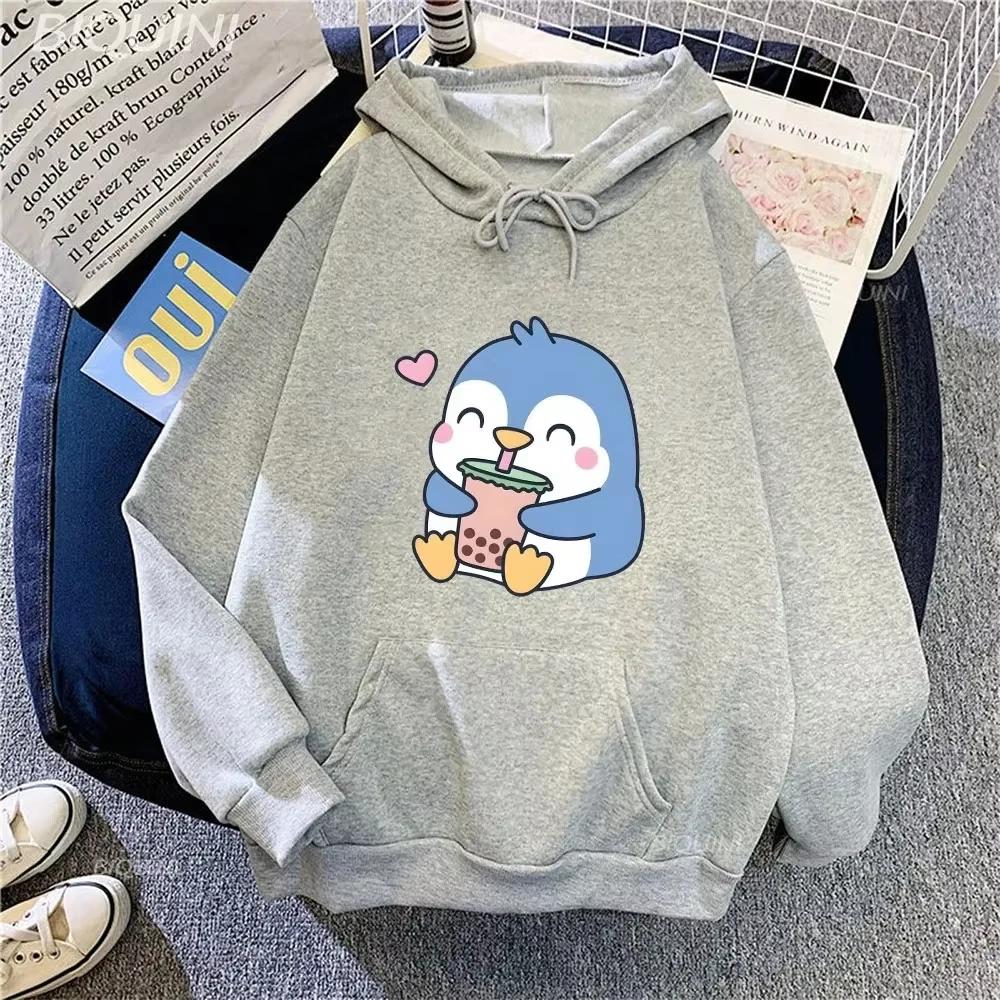 Bubble Boba Milk Tea Cartoon 2d Hoodies Women Penguin Graphic Printed Sweatshirts Clothes Kawaii Harajuku Hoodie Casual Clothing