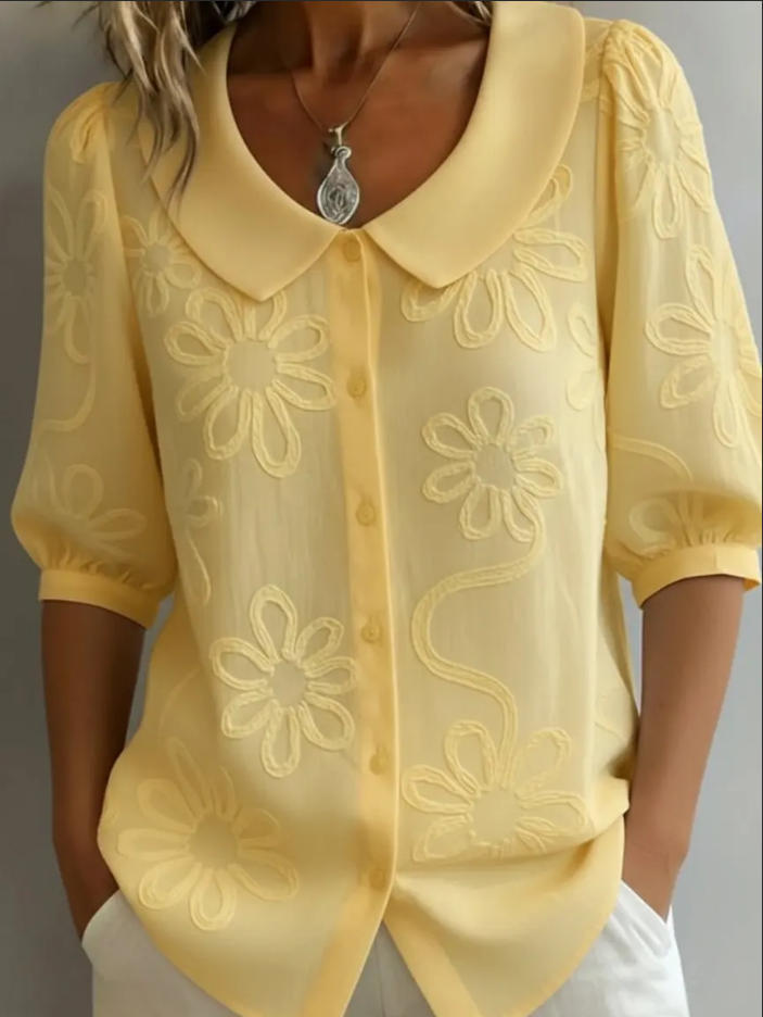 Dark Blue Floral Print Blouse with Puff Sleeves, Lapel Collar and Button Front