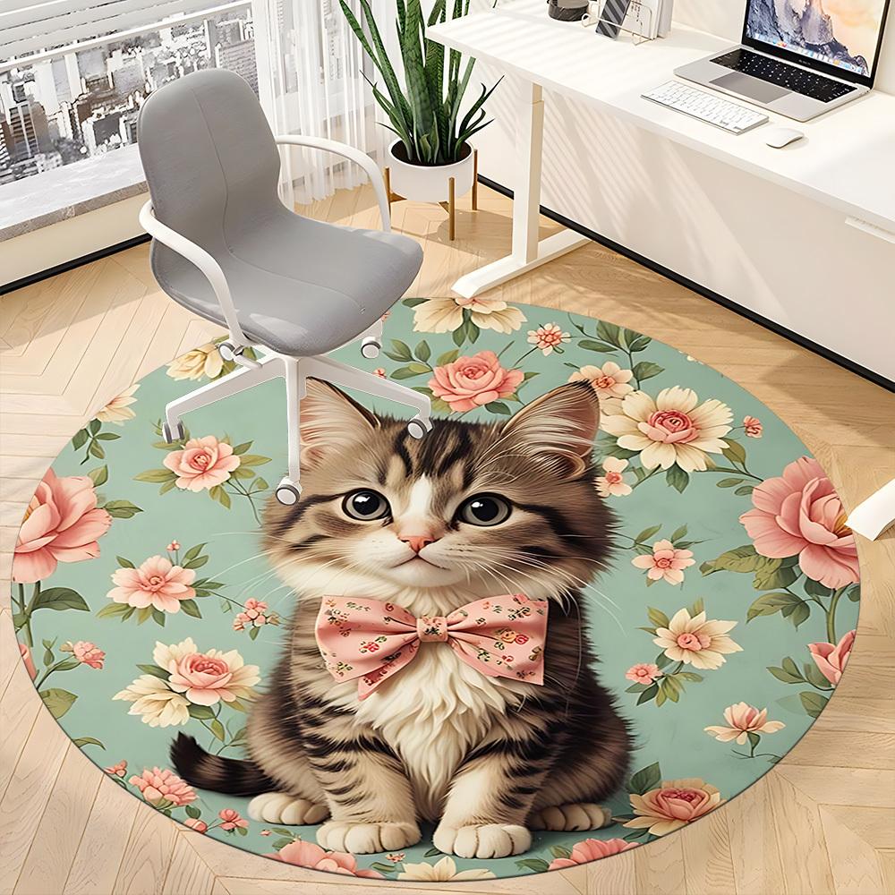 1pc Cat Floral Pattern Office Round Rug, Non-slip, Soft and Durable Office Rug for Interior Decoration, Perfect for Office, Beautiful Decoration yy260