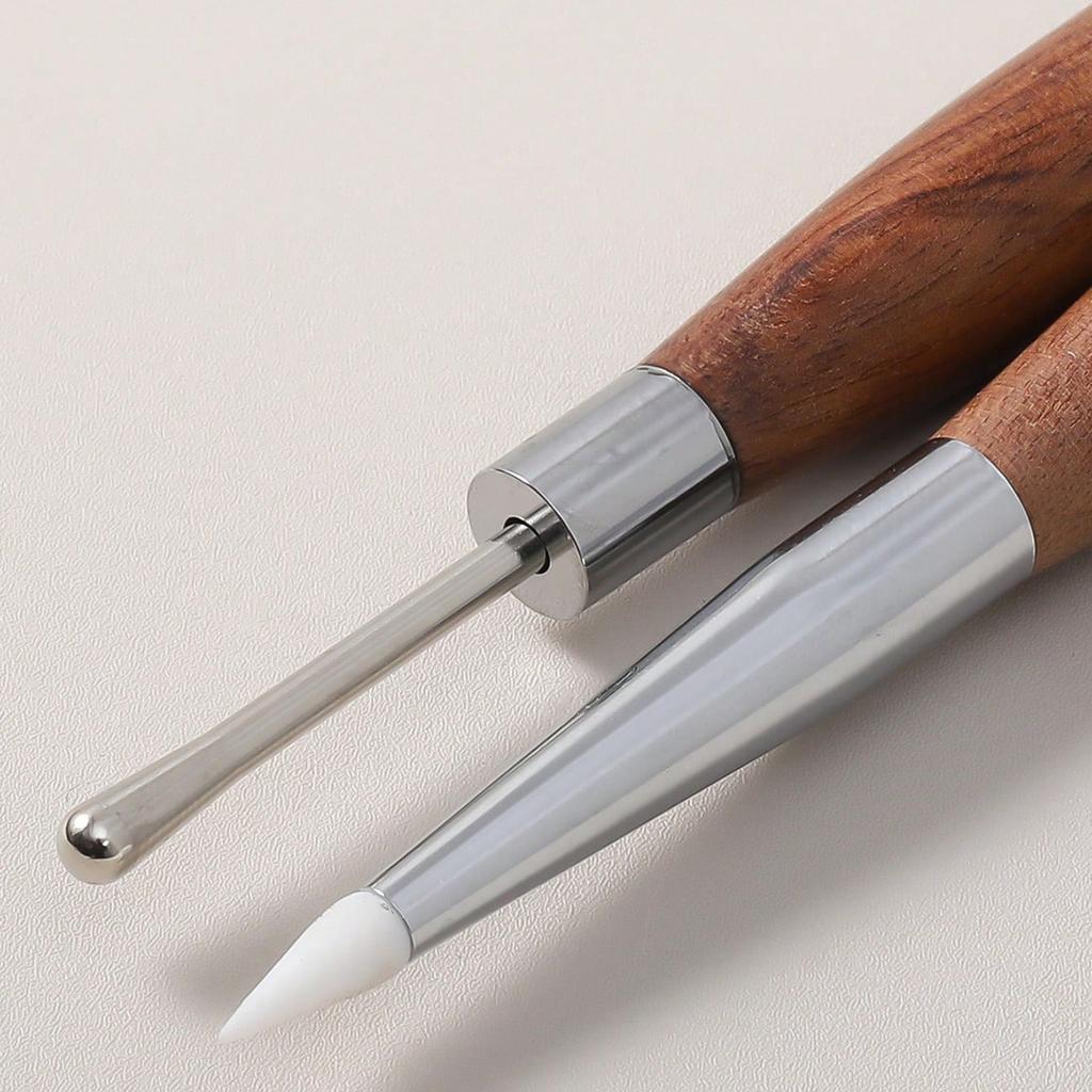 Wood Handle Double End Nail Mixing Gel Pen Silicone Carving Painting Pen For Powder Applica Multi-Function Dotting&Detail Brush