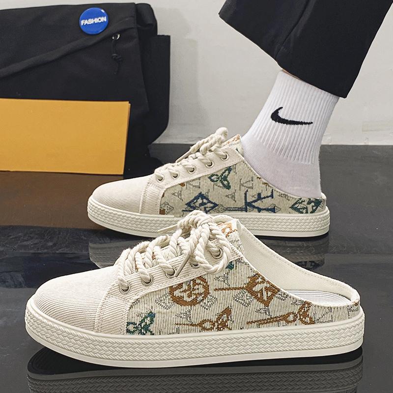 Canvas Semi-Drag Casual Shoes Men Half Shoes For Men Mules Backless Sandals Flat Board Shoes Summer Loafers Slipper Man Slides