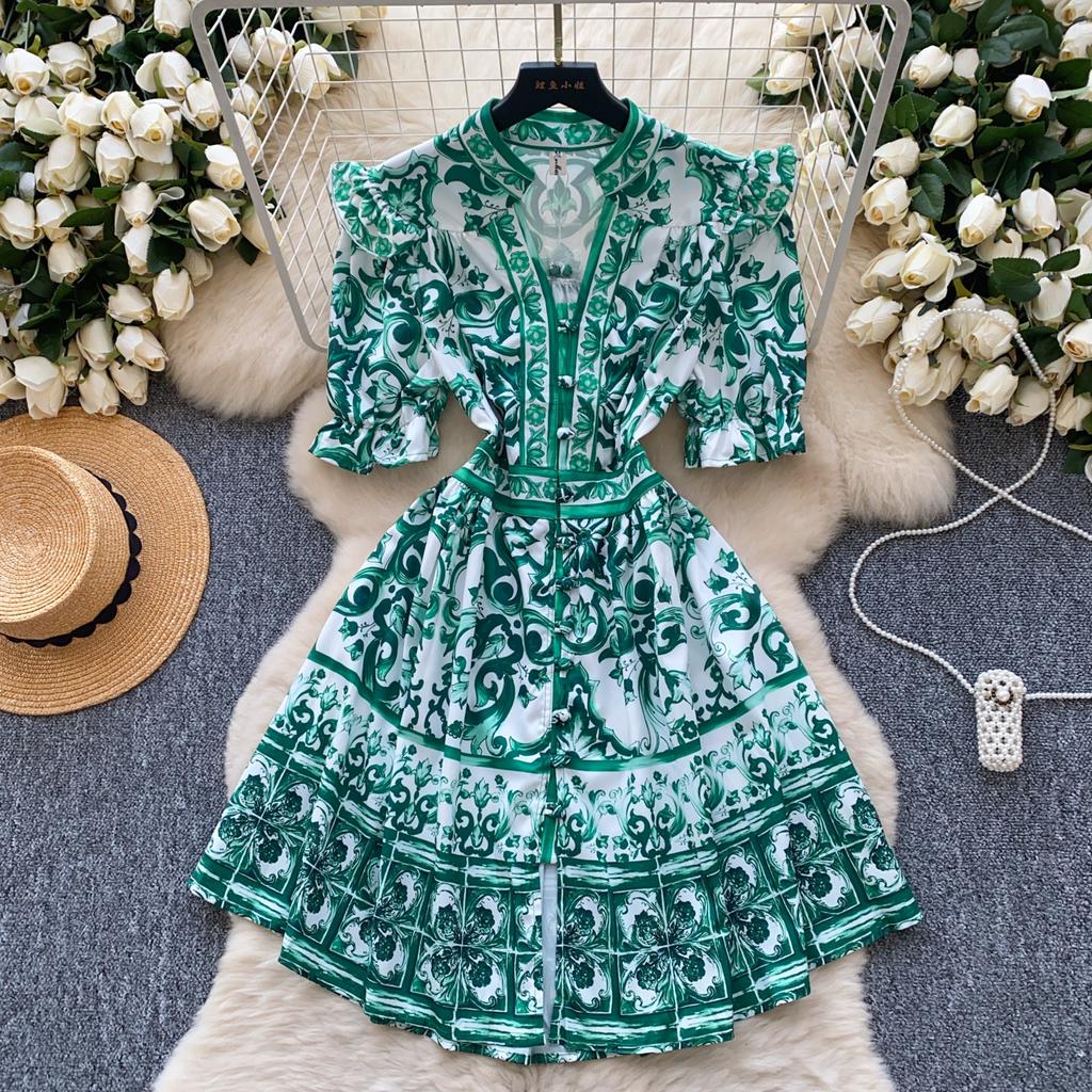 Summer Women Elegant Flare Sleeve Designer Print Runway Dresses V-neck Single Breasted Mini Short Party Dress
