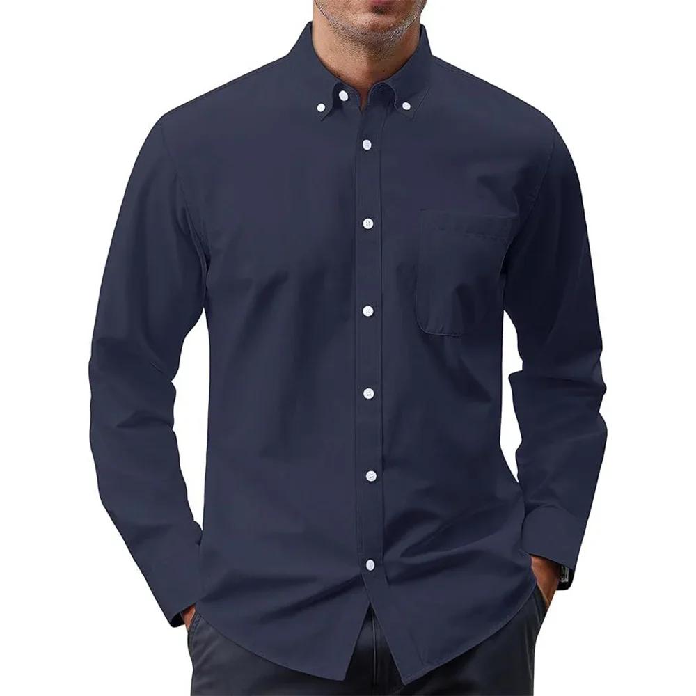 Men's Long Sleeve Shirts Solid Color Oxford Shirt Men's Button Up Shirt Pockets Men Shirts Business Dress Shirt