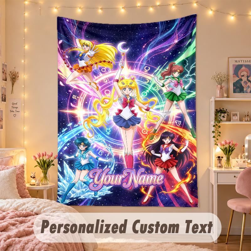 Custom Personalized Tapestry,Sailor Moon Print Custom Name Text Wall Art Hanging for Bedroom