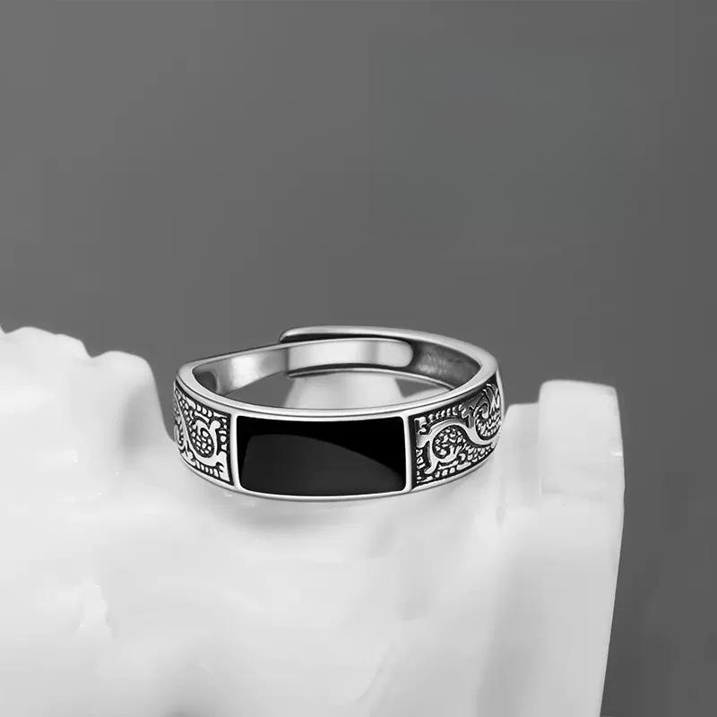Trendy Sterling Silver Ring for Men Jewelry Black Rectangle Retro Dragon Pattern Ring Male Infex Finger Accessories Open ADM