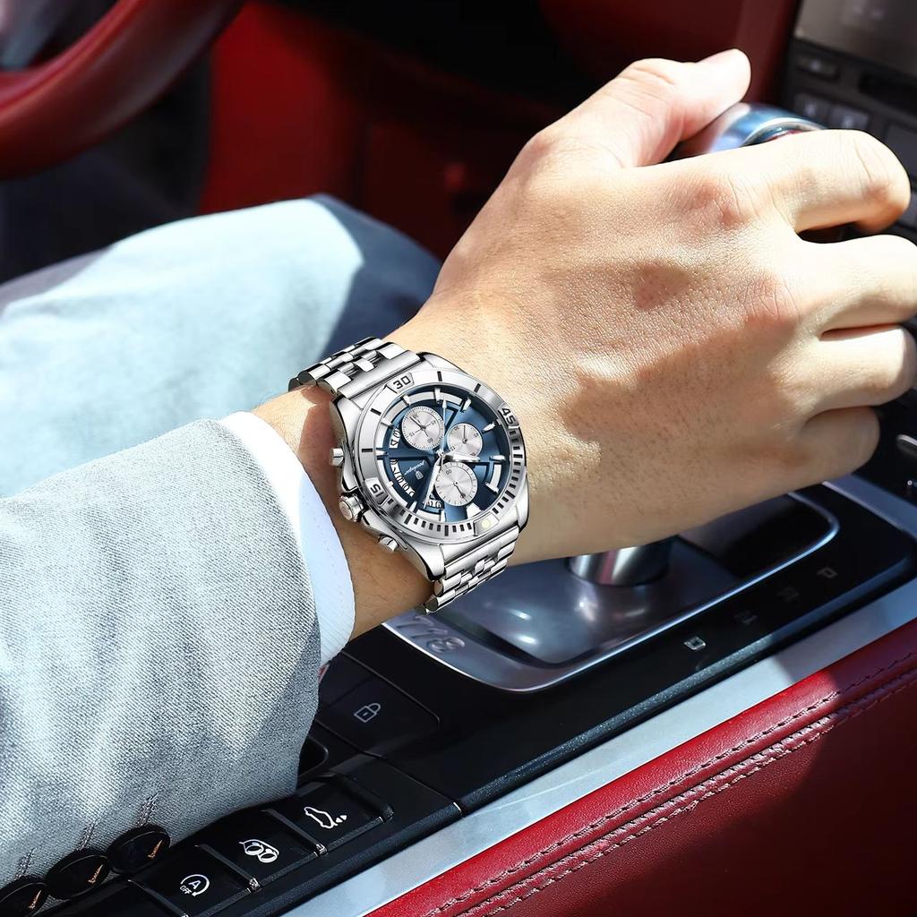 Men Chronograph Watches Stainless Steel Analog Quartz Wrist Watch Waterproof Luminous Date Business Dress Watch for Men