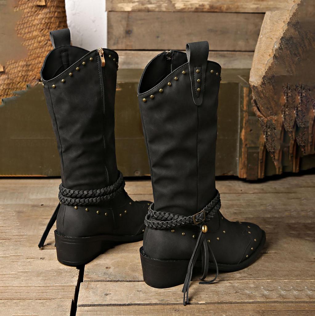 Herbst Winter Übergröße Damen PU Nieten Gürtelschnalle Martin Stiefel Bequem Warm Scharf Spitz Quaste Mid-Calf Stiefel Schuhe 36-42