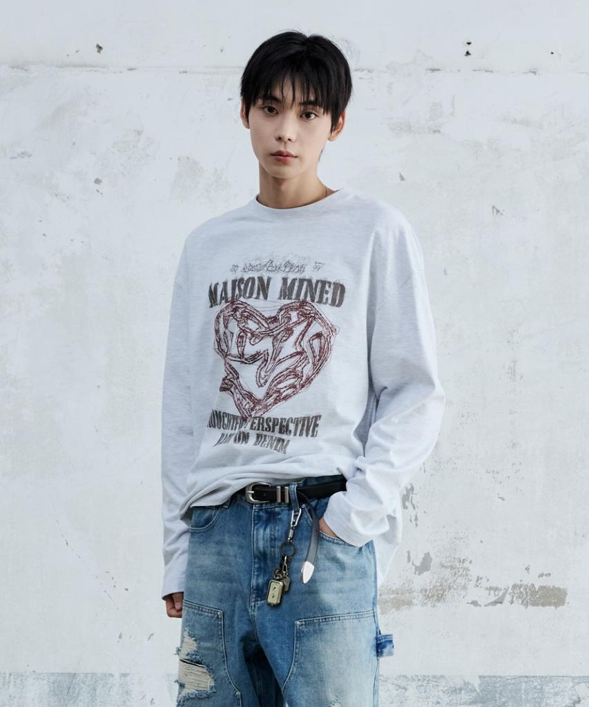 MAISON MINED Doodle Heart Long Sleeve Melange White