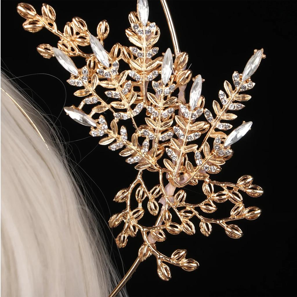 Corona Halo KC Dea del Sole Lolita Fatta a Mano Corona Nuziale Sposa Corona Foglia Cristallo Dorato Barocco Accessori per Capelli Tiara