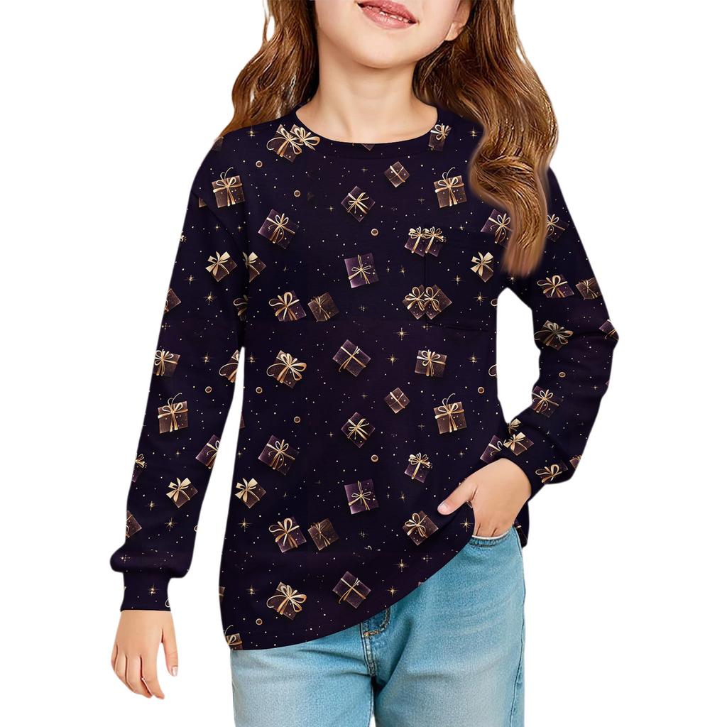 Christmas Day Girls' Long Sleeve Blouse - Round Neck Soft Waist Tunic