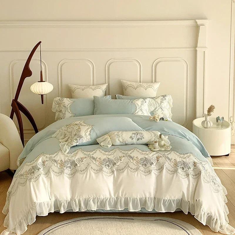 1000TC Egyptian Cotton Romantic French Princess Bedding Set Rose Embroidery Lace Ruffles Duvet Cover Set Bed Sheet Pillowcases