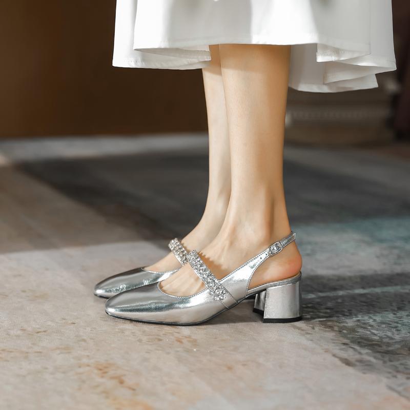 French Rhinestone Rear Empty Mary Jane Shoes Women's 2025 Spring New Versatile Thick Heel High Heels Retro Buckle Sandals