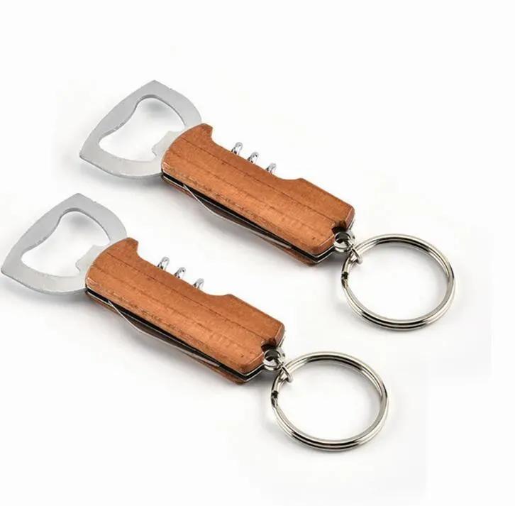 Openers Wooden Handle Bottle Opener Keychain Knife Double Hinged Corkscrew Stainless Steel Key Ring Opening Tools Bar TLY049