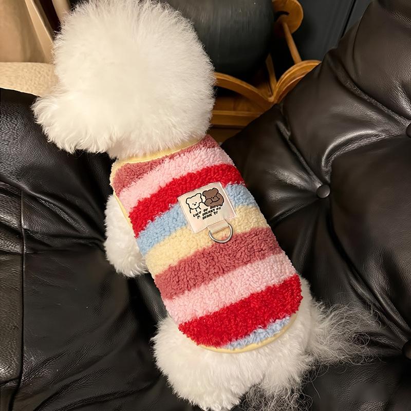 Dog fleece clothes autumn and winter rainbow candy striped than bear cat teddy small dog warm pet vest