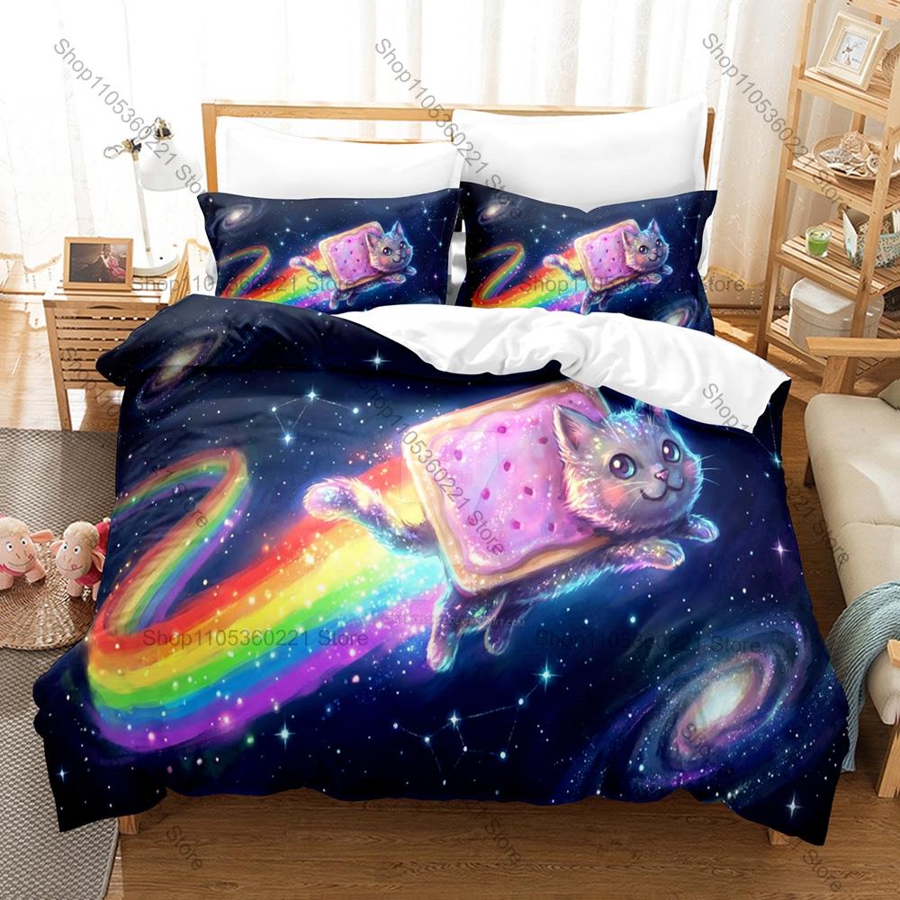 Rainbow Alien Nyan Cat Meme Duvet Cover Set 1 Duvet Cover + 2 Pillowcases Cute Internet Cartoon Bed Linens Gift Home Textile