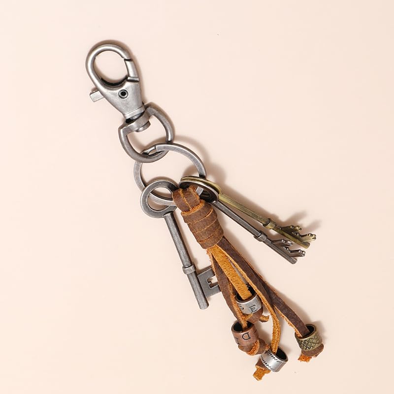 Rockyu Key Holder Mens Cowhide Leather Alloy Vintage Motif Fringe Long Type Brown Stylish Bag Charm Car Birthday Christmas Gift