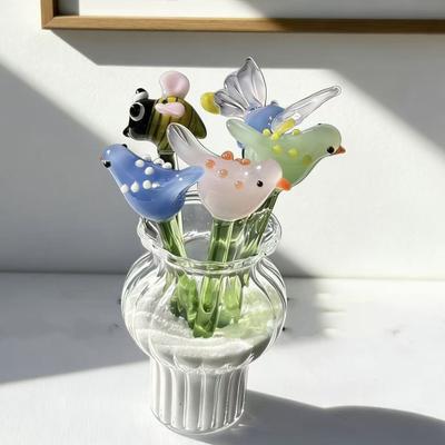 Handmade Mini Glass Animal Figurine Faux Crystal Small Bird Butterfly Bee Ornament with Stem for Home Office Tabletop Decor