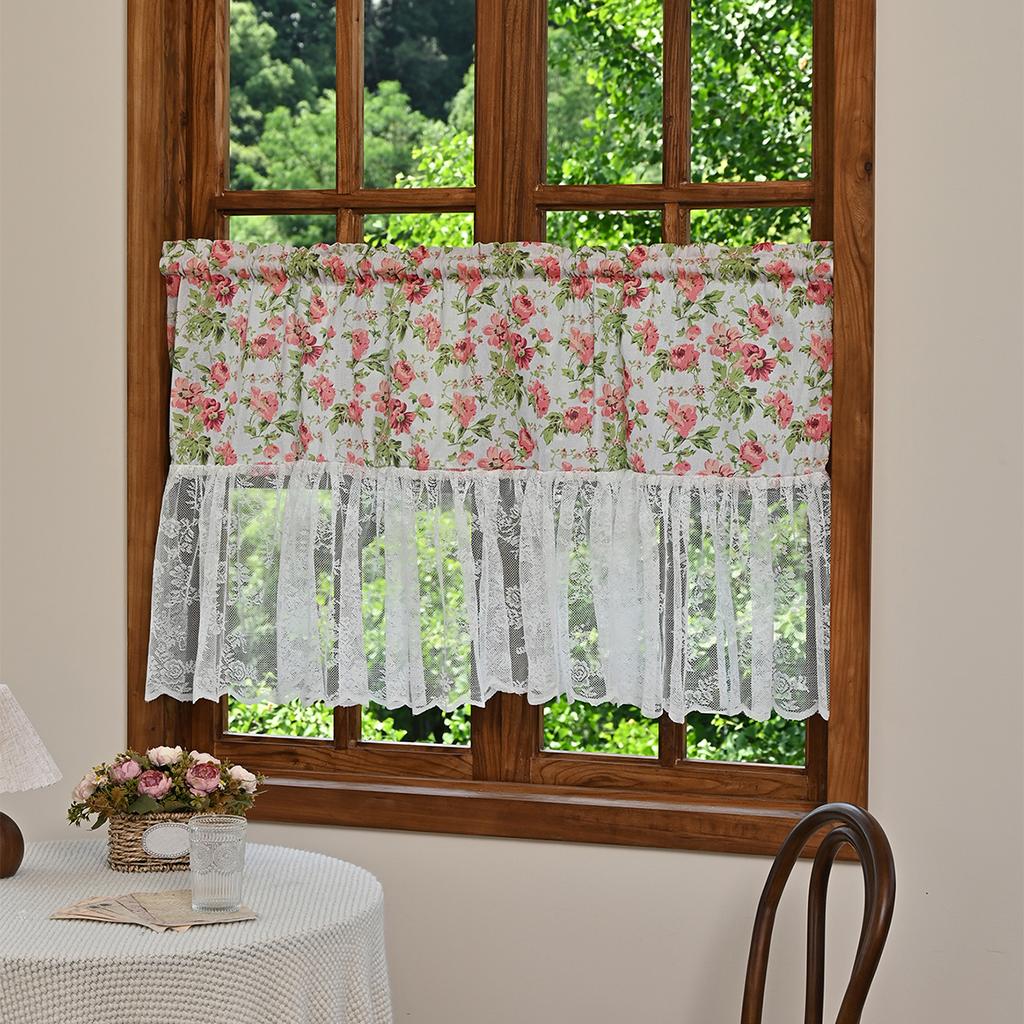 1pc Vintage floral patterns Short Curtain, Lace Splicing Window Curtains for Kitchen, Bathroom, Living Room, Bedroom, Home Decor