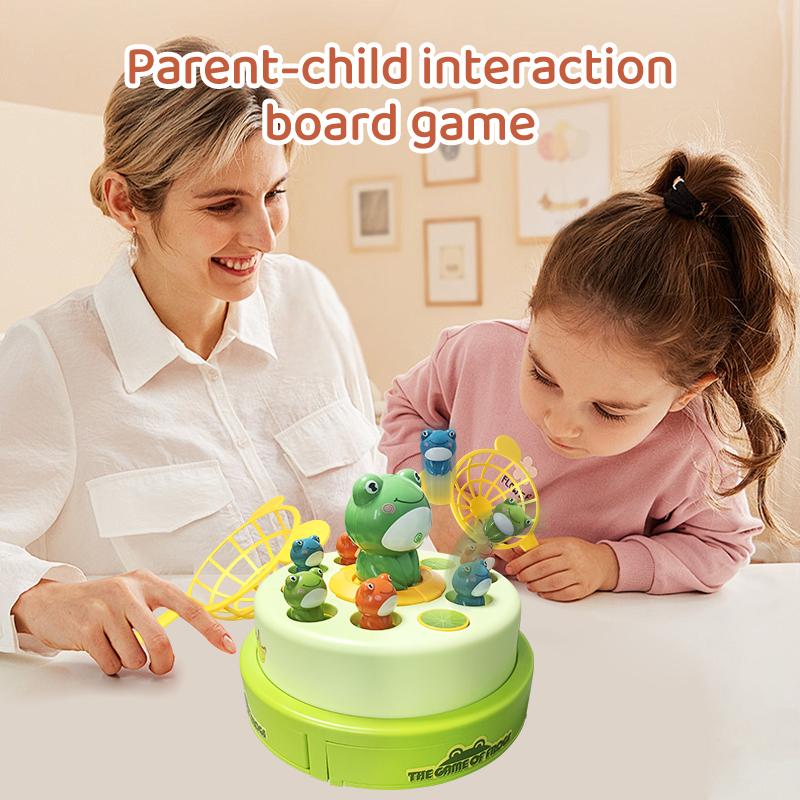 Electric Pop-up Turntable Toys with Music Cartoon Rotating Frog Catcher Toys with Nets Musical Launching Rotating Game Kids Toys