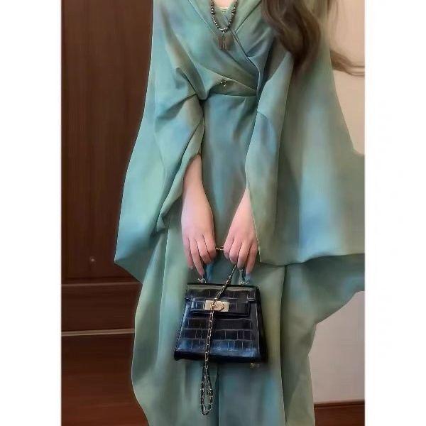 Zen-Inspired Green Tie-Dye V-Neck Dress - Unique, Elegant, and Serene Loose-Fit Long Dress