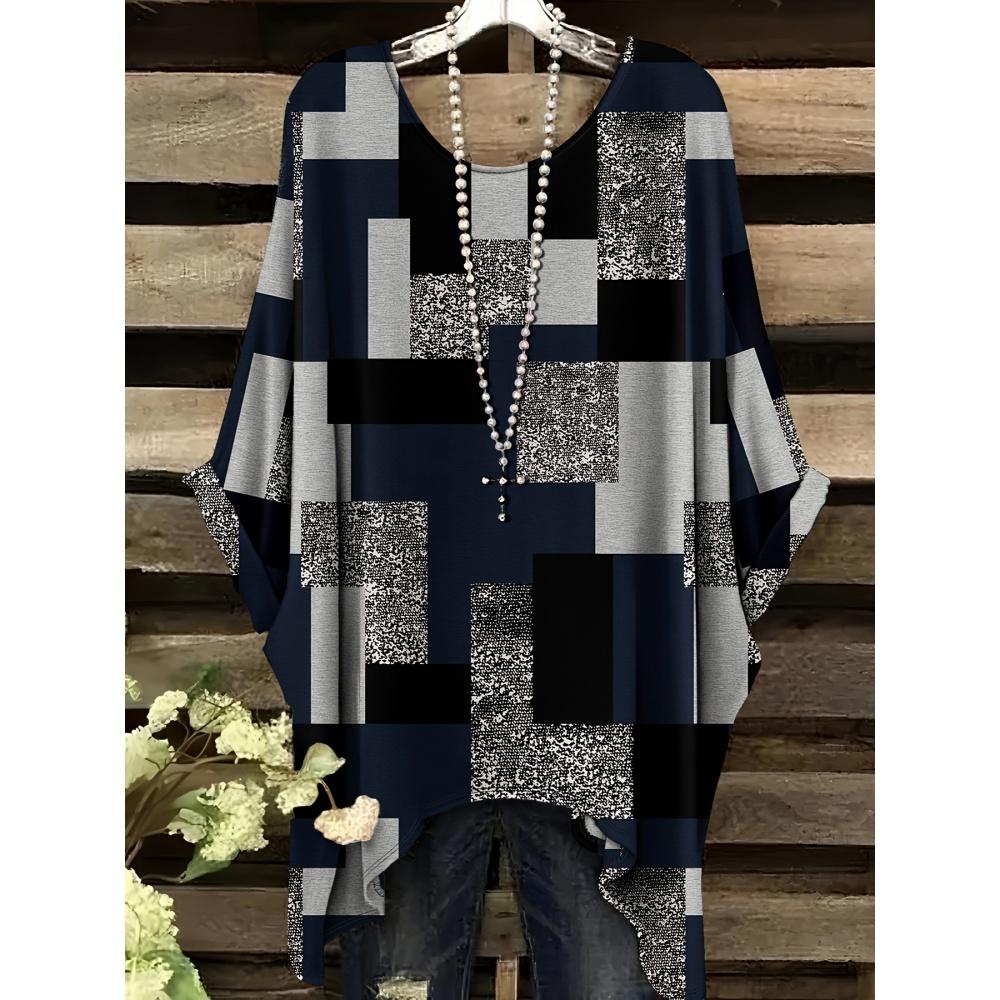 Camiseta vintage para mujer con estampado de rayas a cuadros, dobladillo asimétrico, cuello redondo, manga corta, estilo casual, para uso urbano y al aire libre.