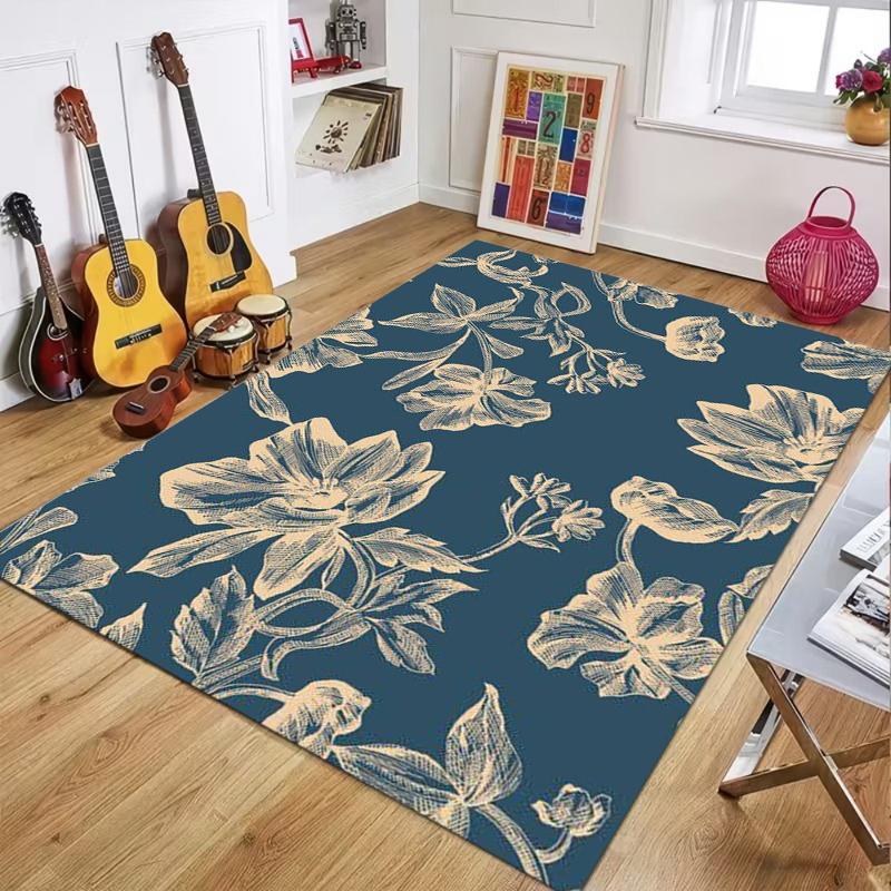 Moody Monochrome Orchid Pattern Rug, Dark Floral Floor Carpet for Living Room Bedroom, Durable Non-Slip Washable Mat