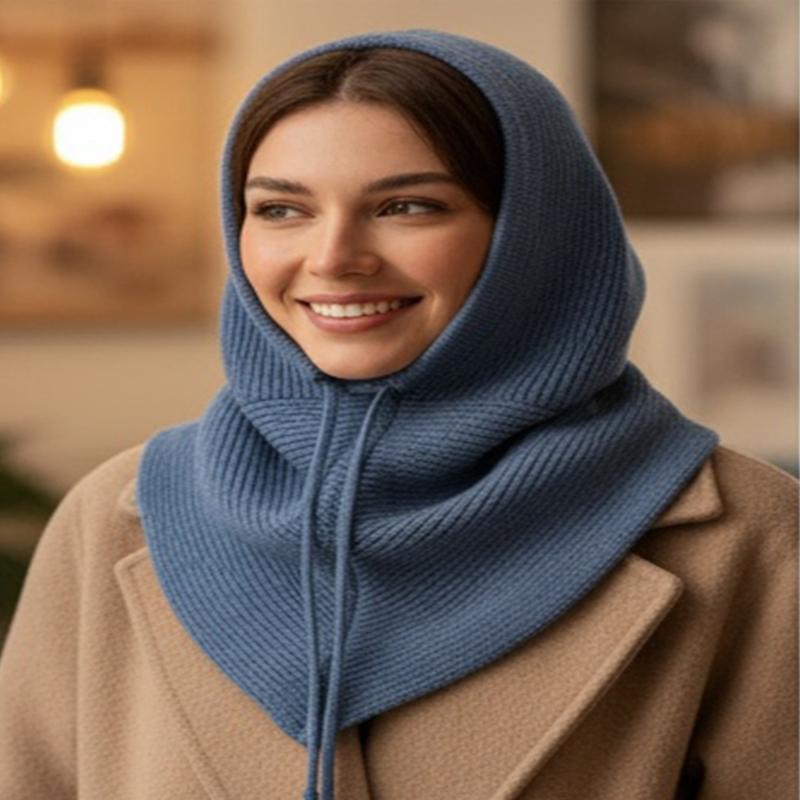 Thicken Knit Balaclava Knitted Shawl Drawstring Thicken Neck Warmer Knit Scarf for Cold Weather Insulated Hat