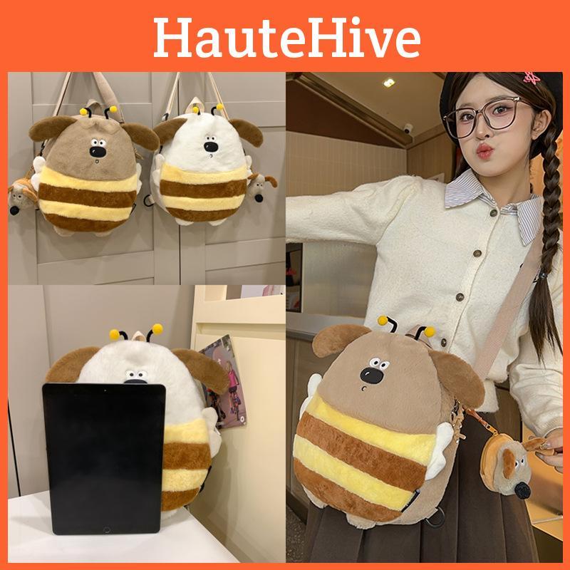 Playful Plush Dog Backpack In Khaki And White Suitable For All Ages For Activities School