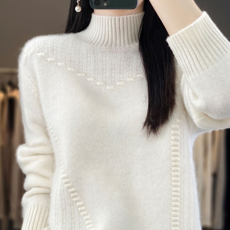 Damesemi-høy hals tykk ensfarget genser pullover avslappet løs og slankende strikket genser