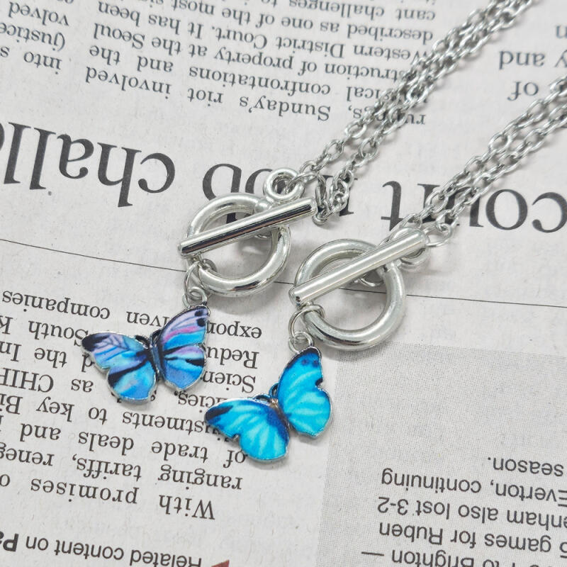 Dreamy Watercolor Blue Butterfly Pendant Silver Chain Bracelet